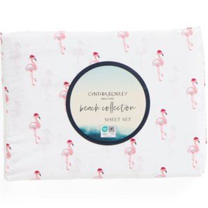 Cynthia Rowley Christmas Pink Flamingo KING Sheet Set Santa Hat Beach Collection